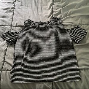 Forever 21 Navy Blue & White Striped Cold Shoulder Top
